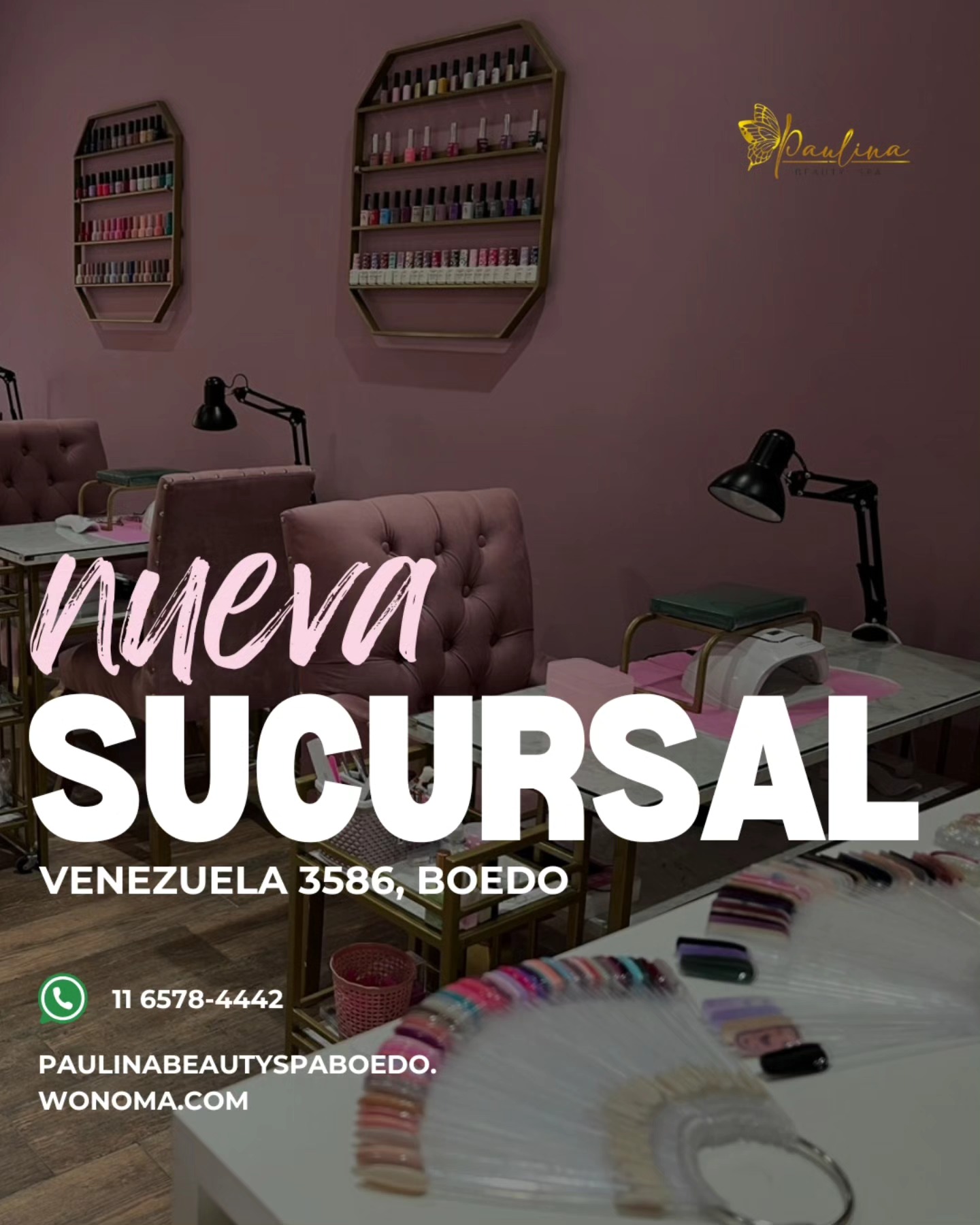 La sucursal de Boedo: paredes malva, estantes dorados octogonales llenos de esmaltes, sillones capitoné de terciopelo rosa y mesas de manicura